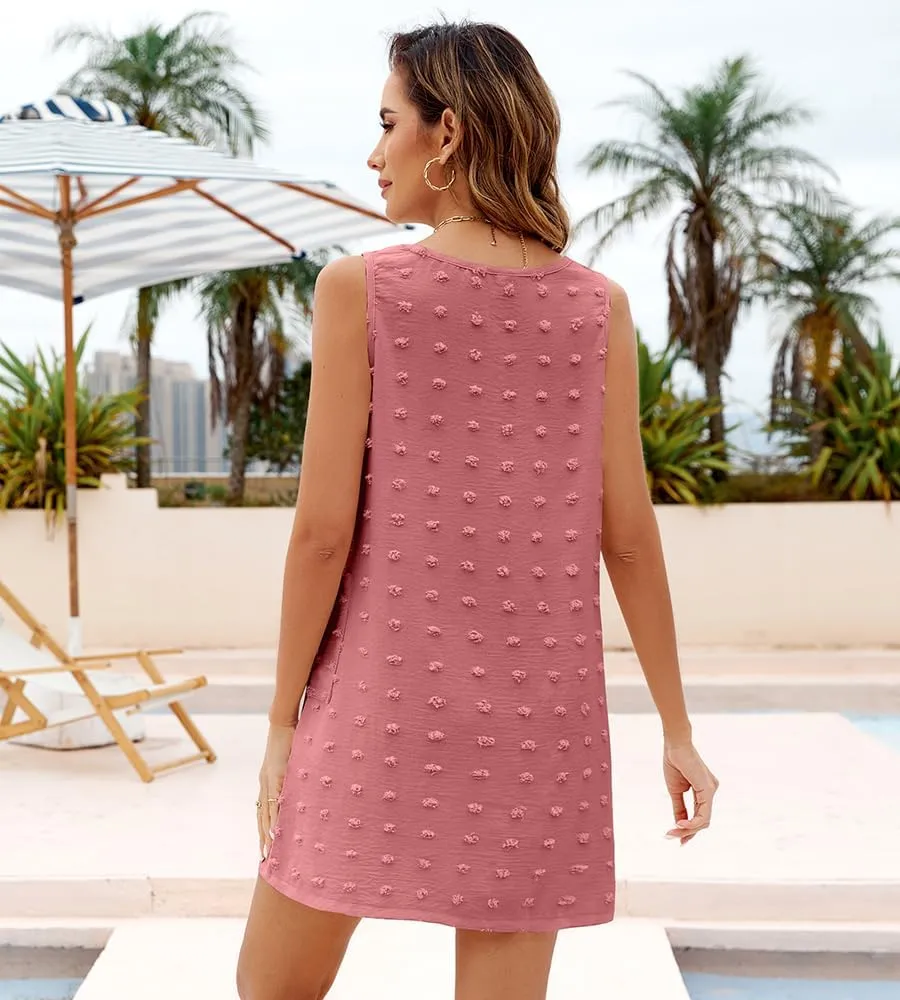 IHOT Women's Casual Summer Sun Dresses Swiss Polka Dot Beach Cover Up V Neck Sleeveless Tank Dress with Pockets