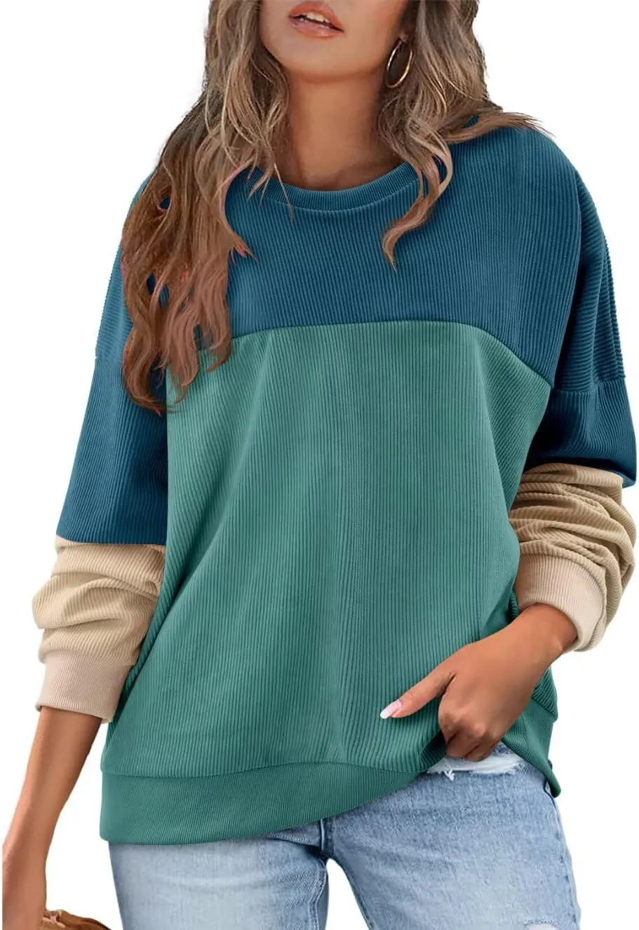 KISSMODA Women's Casual Long Sleeve Sweatshirt Color Block/Solid Crewneck Corduroy Pullover Cute Tops