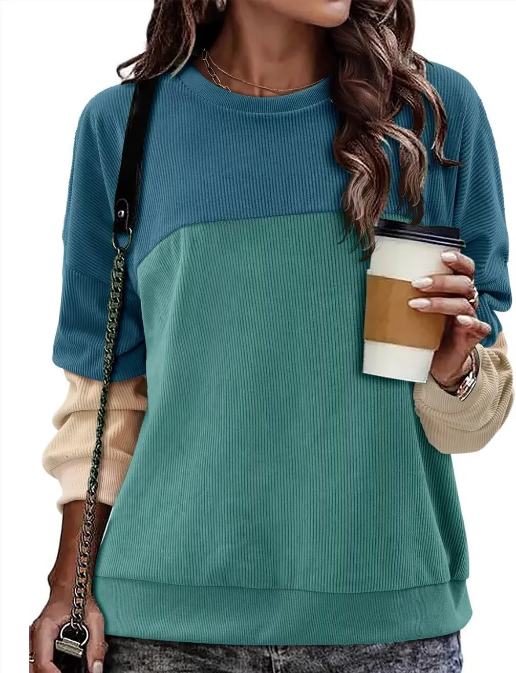 KISSMODA Women's Casual Long Sleeve Sweatshirt Color Block/Solid Crewneck Corduroy Pullover Cute Tops