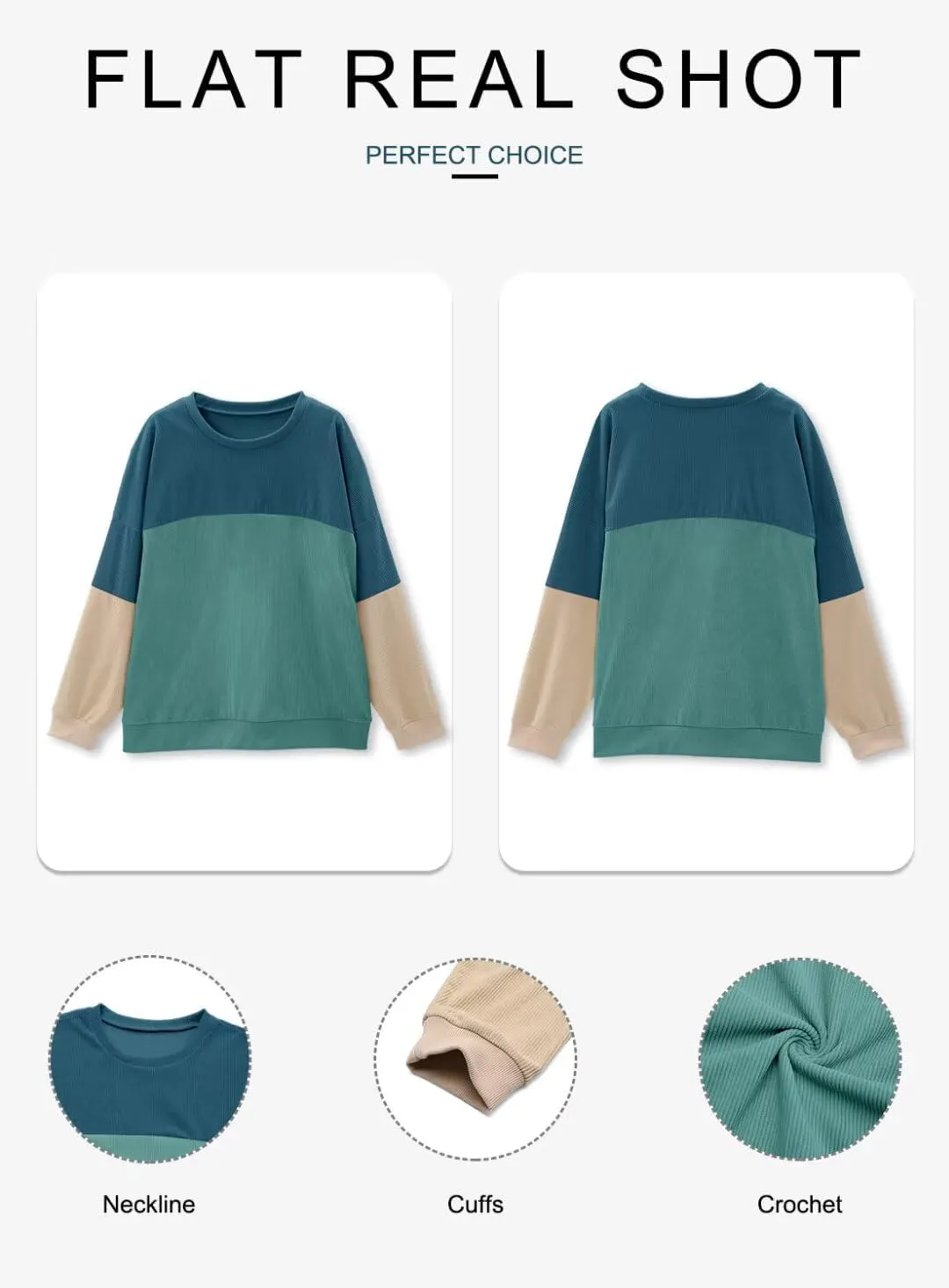 KISSMODA Women's Casual Long Sleeve Sweatshirt Color Block/Solid Crewneck Corduroy Pullover Cute Tops