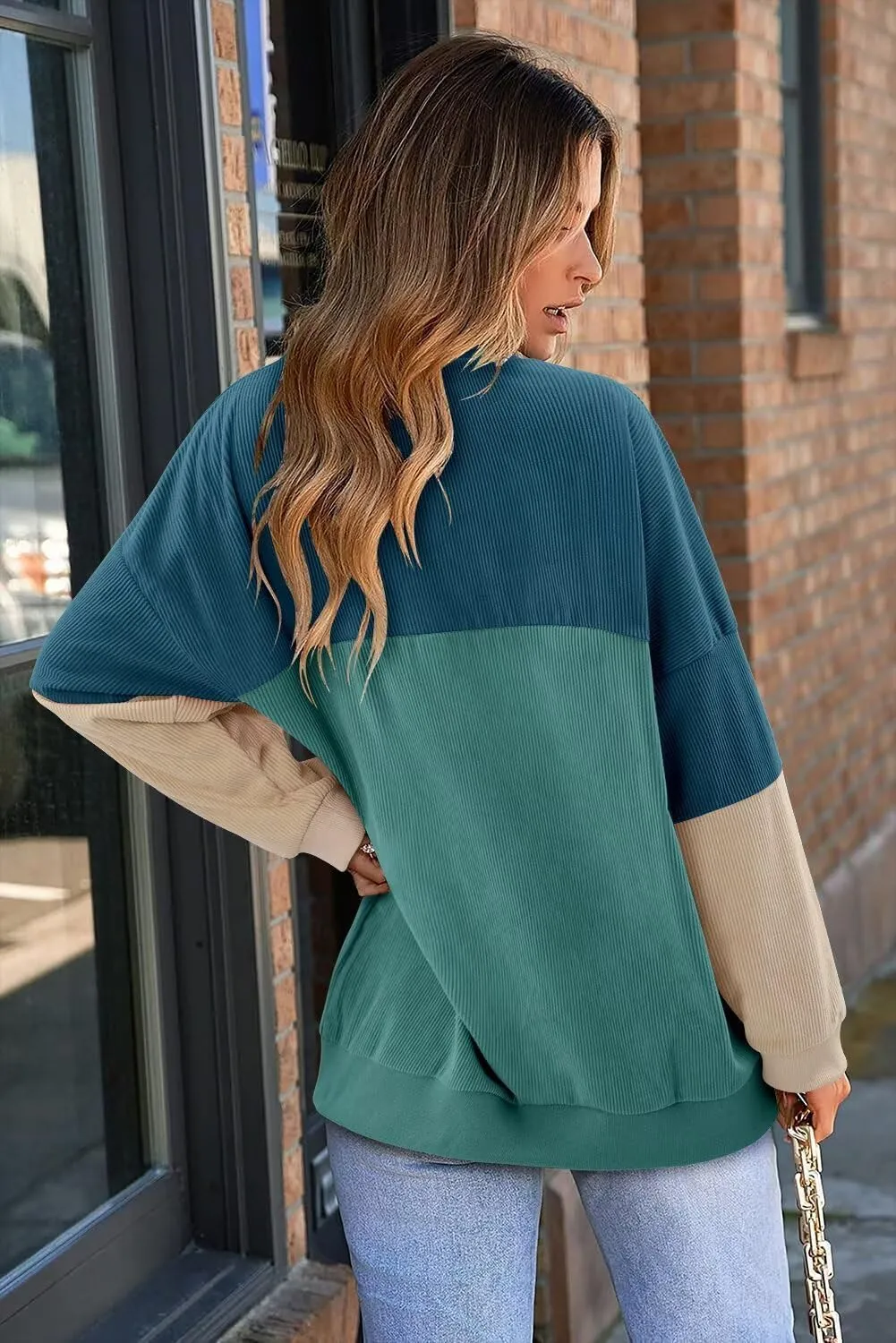 KISSMODA Women's Casual Long Sleeve Sweatshirt Color Block/Solid Crewneck Corduroy Pullover Cute Tops