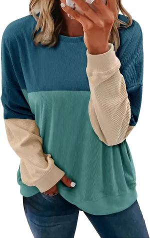 KISSMODA Women's Casual Long Sleeve Sweatshirt Color Block/Solid Crewneck Corduroy Pullover Cute Tops
