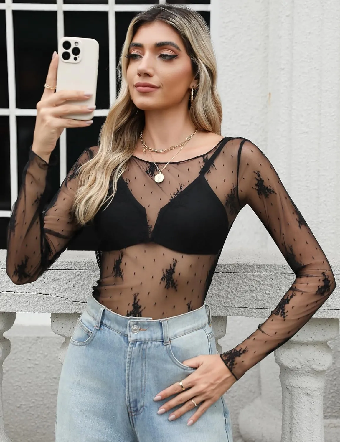 KTILG Womens Lace Long Sleeve Boat Neck Tops Embroidery Sheer Blouse Sexy See Through Shirt Mesh Top S-XXL