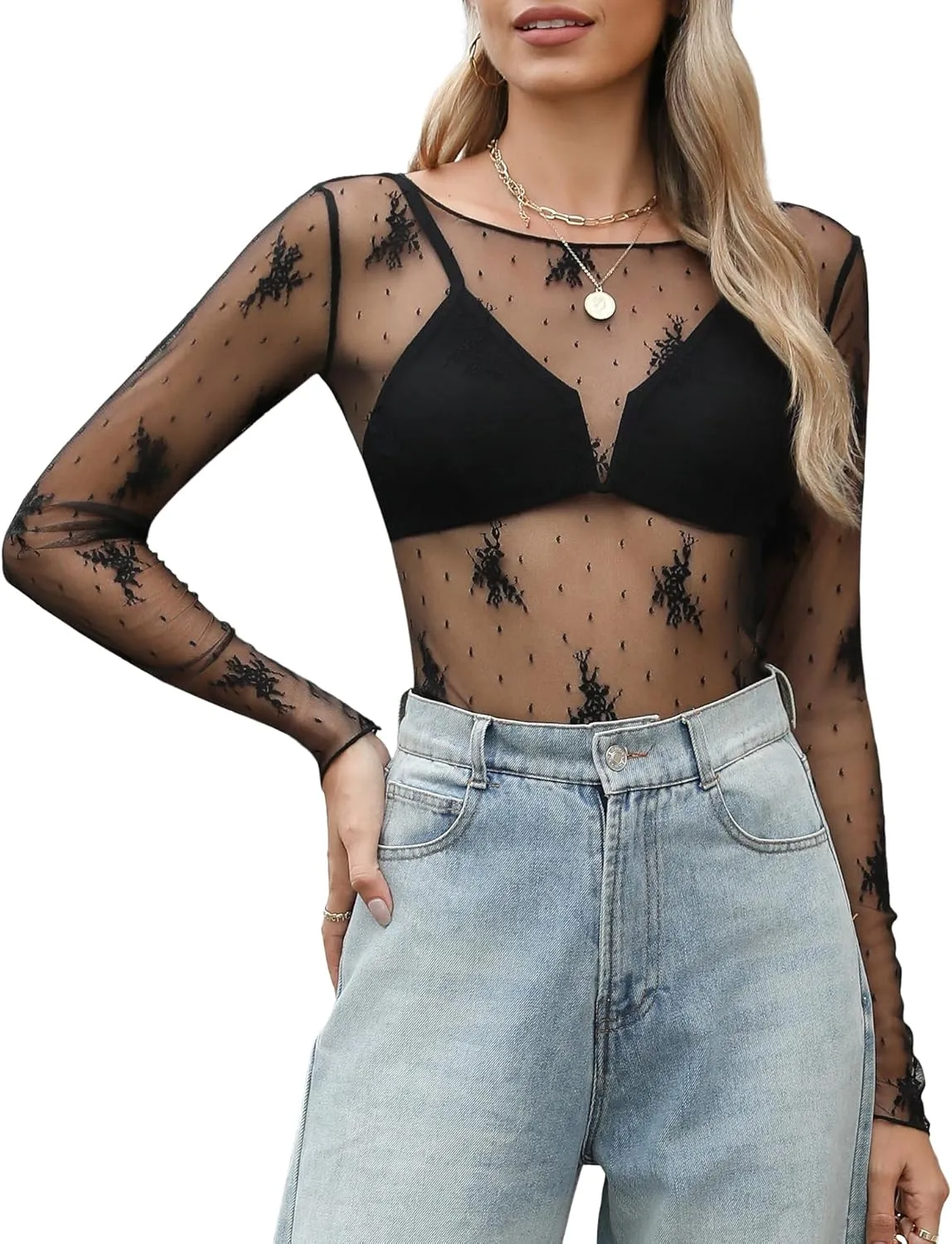 KTILG Womens Lace Long Sleeve Boat Neck Tops Embroidery Sheer Blouse Sexy See Through Shirt Mesh Top S-XXL