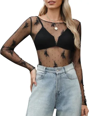 KTILG Womens Lace Long Sleeve Boat Neck Tops Embroidery Sheer Blouse Sexy See Through Shirt Mesh Top S-XXL