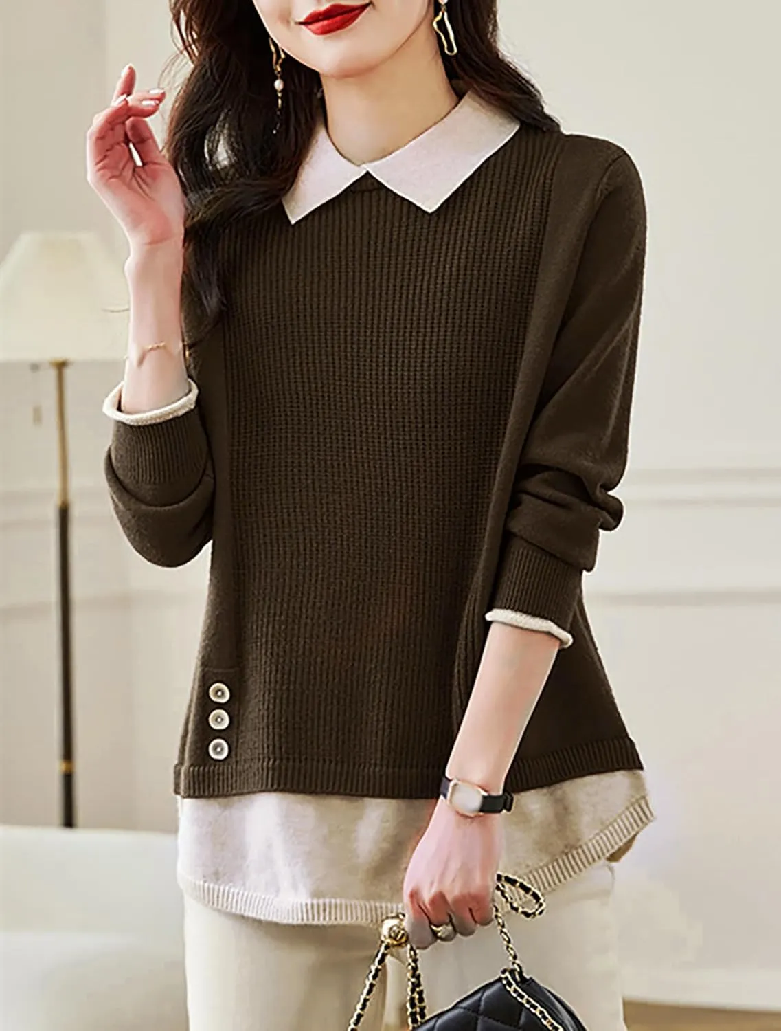 LAI MENG FIVE CATS Women's Polo Contrast Collar Knitwear Casual Long Sleeve Patchwork Pullover Blouse Top