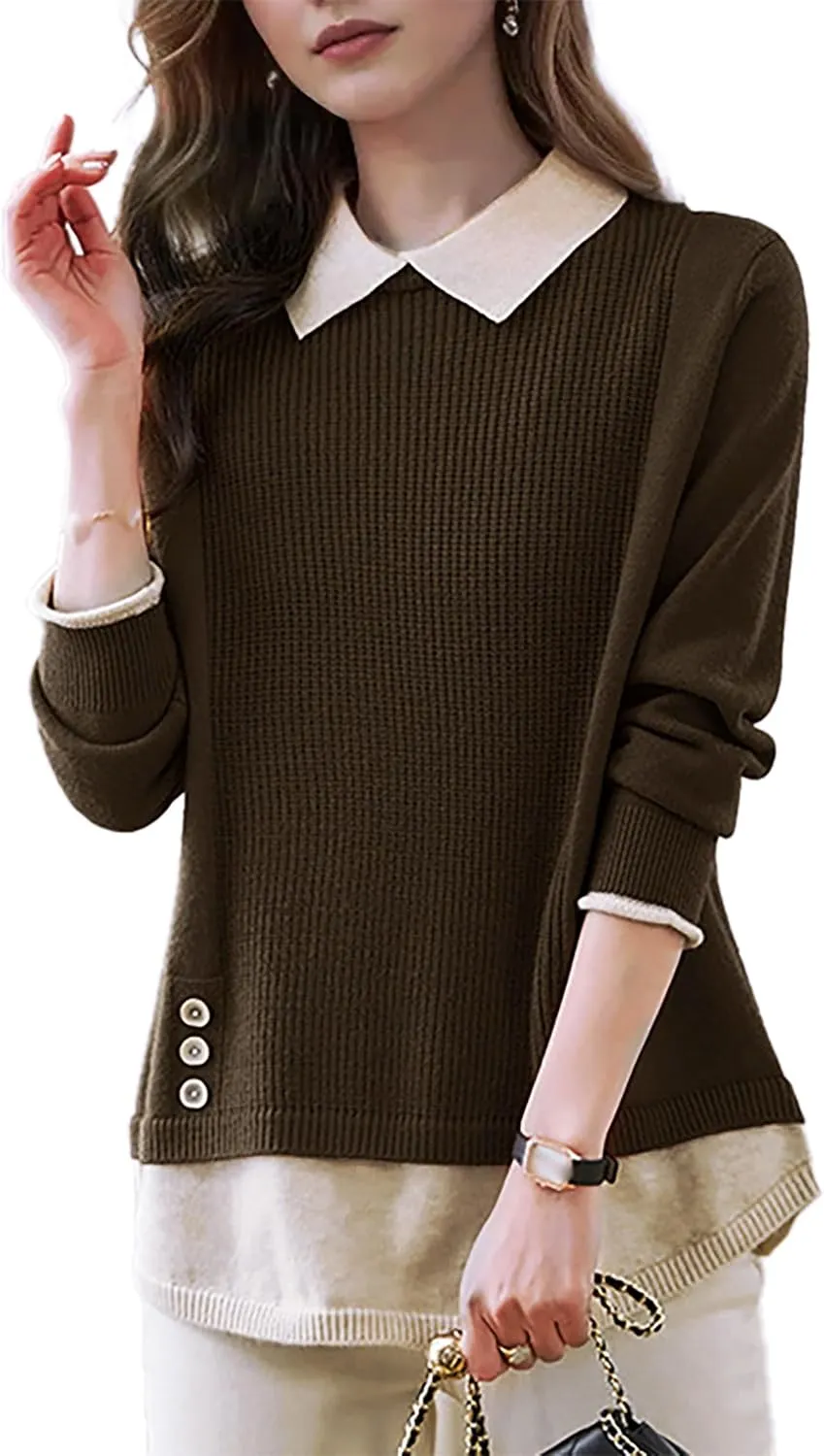 LAI MENG FIVE CATS Women's Polo Contrast Collar Knitwear Casual Long Sleeve Patchwork Pullover Blouse Top