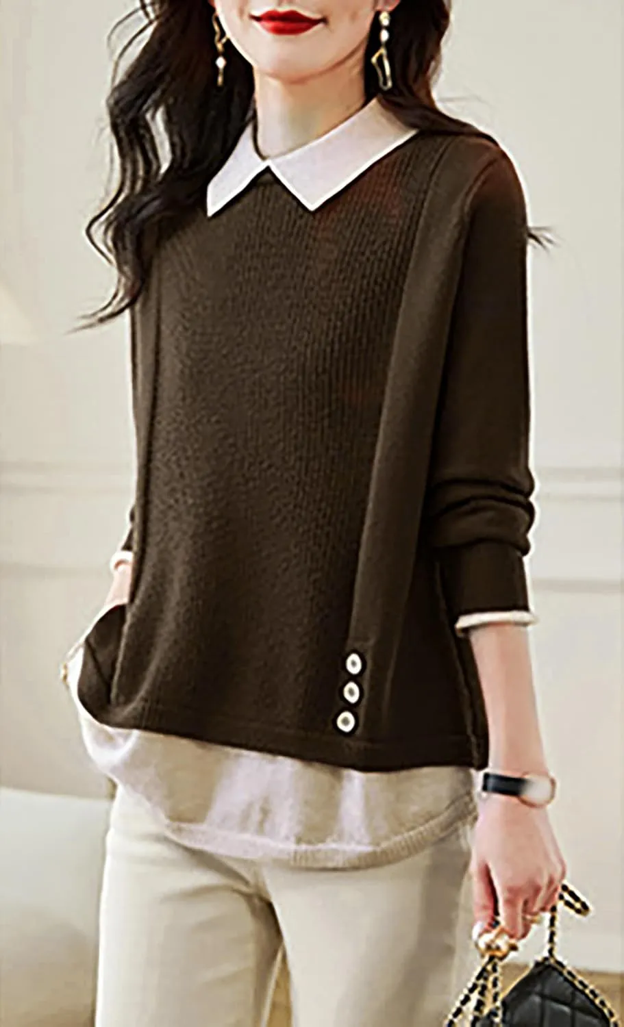 LAI MENG FIVE CATS Women's Polo Contrast Collar Knitwear Casual Long Sleeve Patchwork Pullover Blouse Top