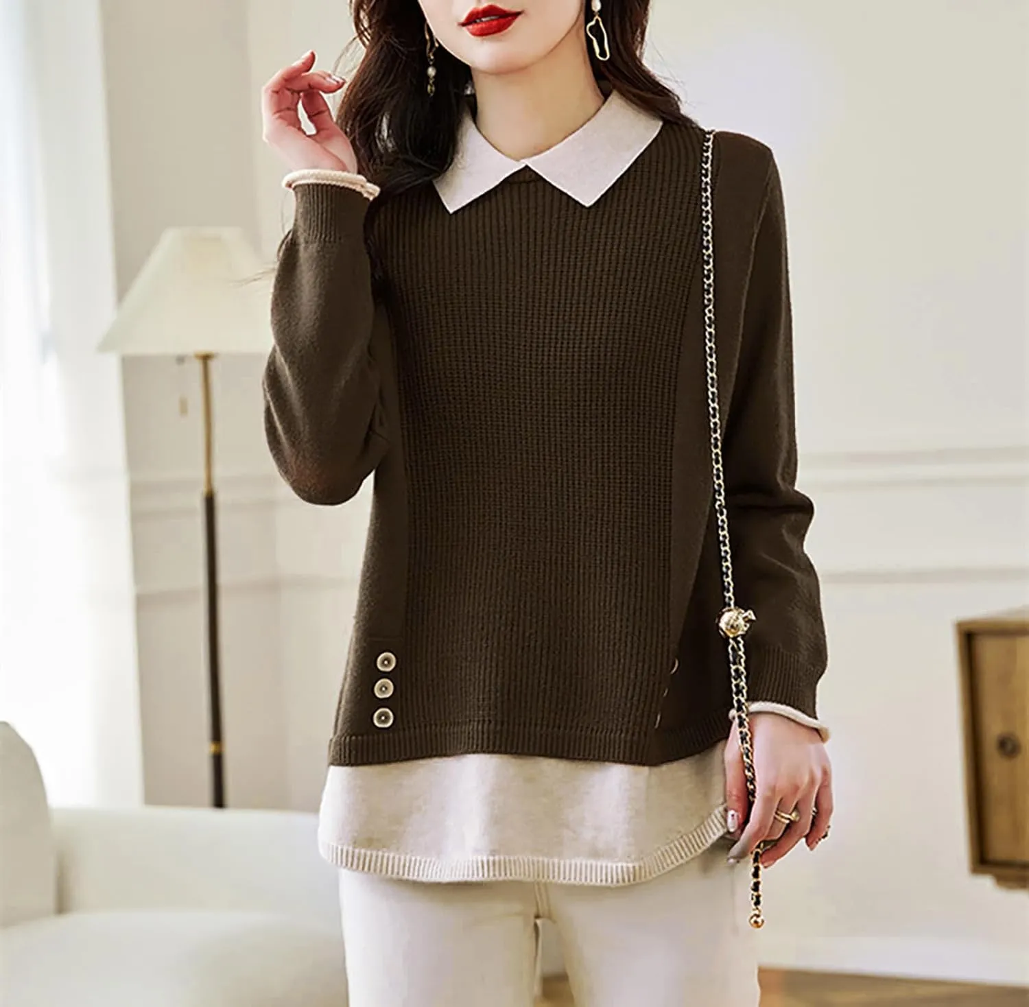 LAI MENG FIVE CATS Women's Polo Contrast Collar Knitwear Casual Long Sleeve Patchwork Pullover Blouse Top