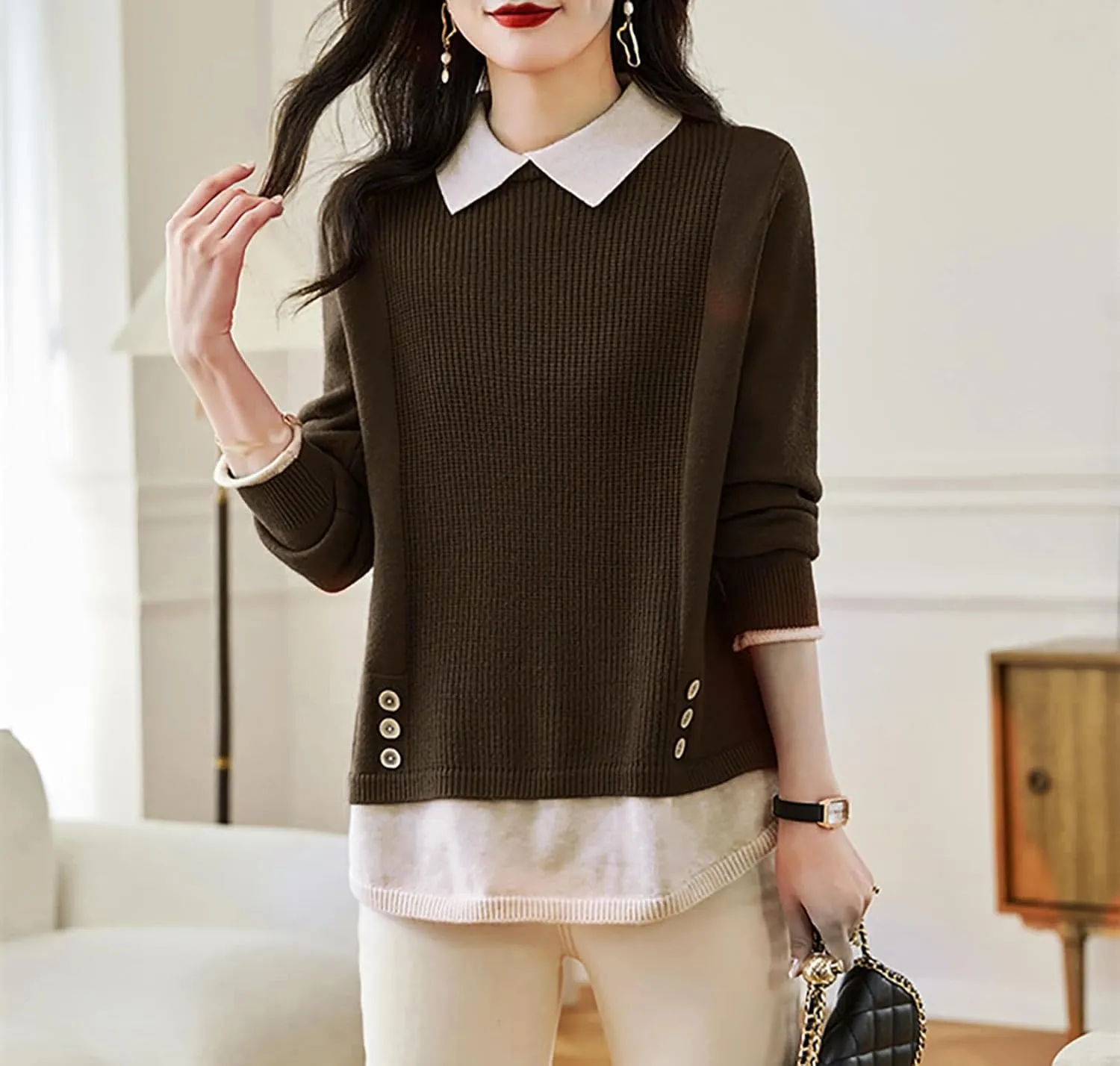 LAI MENG FIVE CATS Women's Polo Contrast Collar Knitwear Casual Long Sleeve Patchwork Pullover Blouse Top