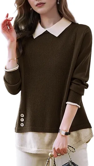 LAI MENG FIVE CATS Women's Polo Contrast Collar Knitwear Casual Long Sleeve Patchwork Pullover Blouse Top