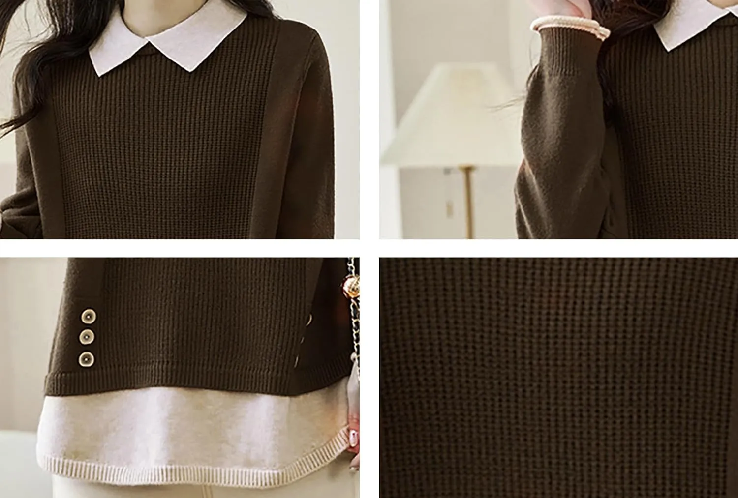LAI MENG FIVE CATS Women's Polo Contrast Collar Knitwear Casual Long Sleeve Patchwork Pullover Blouse Top