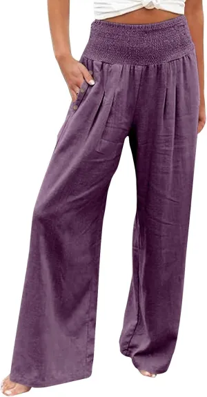 Linen Pants Women Summer Wide Leg Pant Ruffle Hem Loose Fit Boho Beach Palazzo Trousers with Pocket 2025