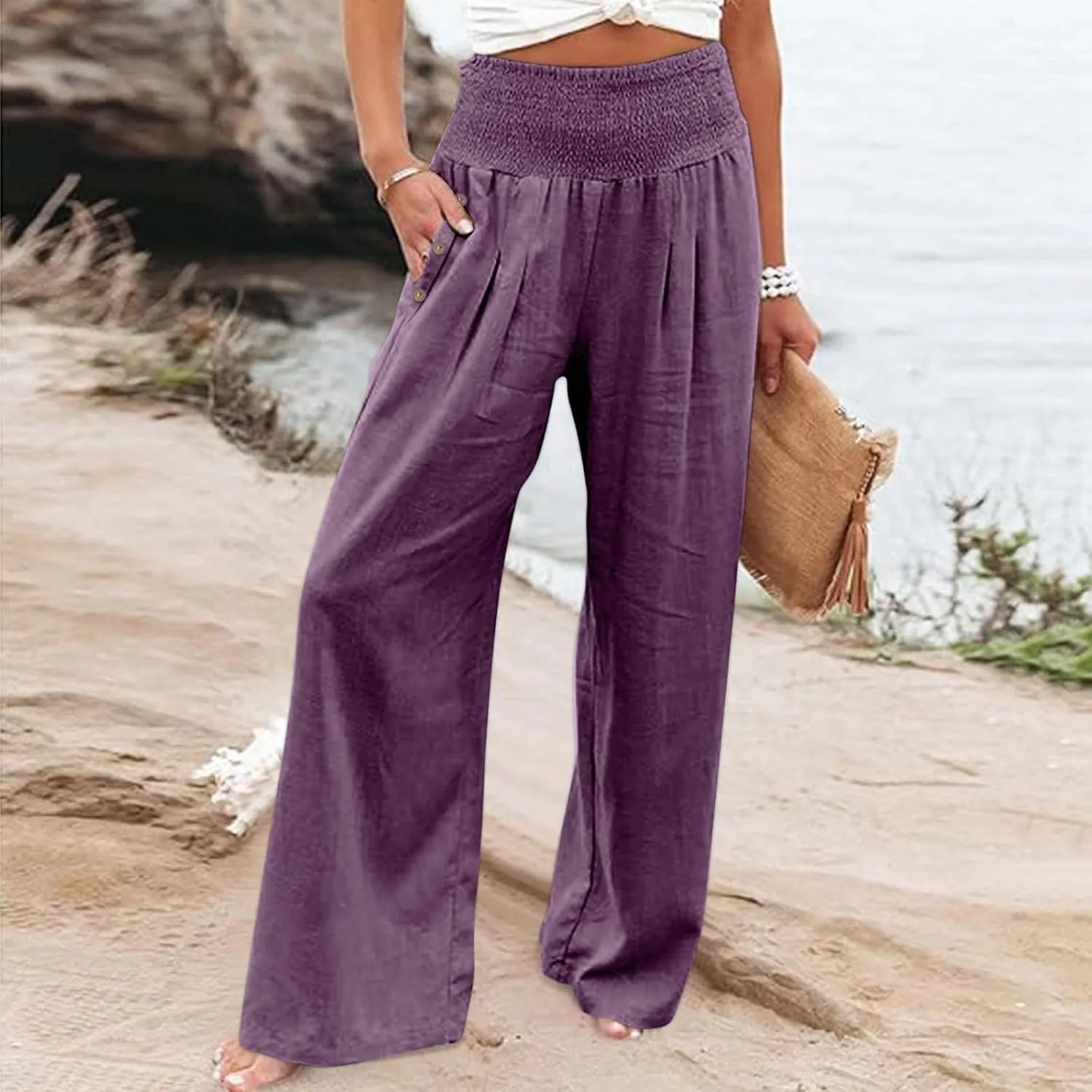 Linen Pants Women Summer Wide Leg Pant Ruffle Hem Loose Fit Boho Beach Palazzo Trousers with Pocket 2025