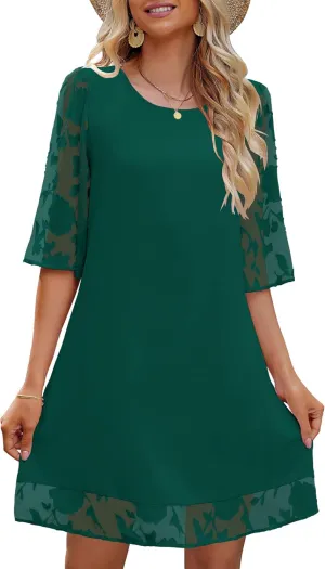 LookbookStore 3/4 Sleeve Dress for Women Shift Cute Summer Tunic Floral Lace Dresses