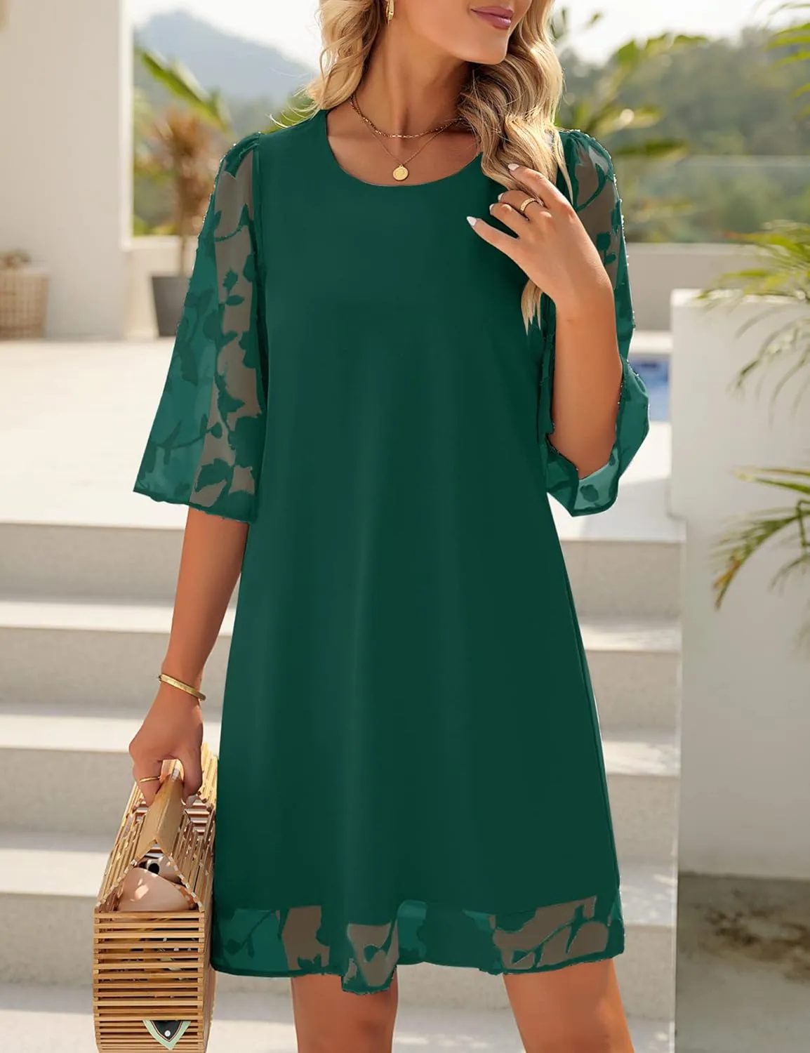 LookbookStore 3/4 Sleeve Dress for Women Shift Cute Summer Tunic Floral Lace Dresses