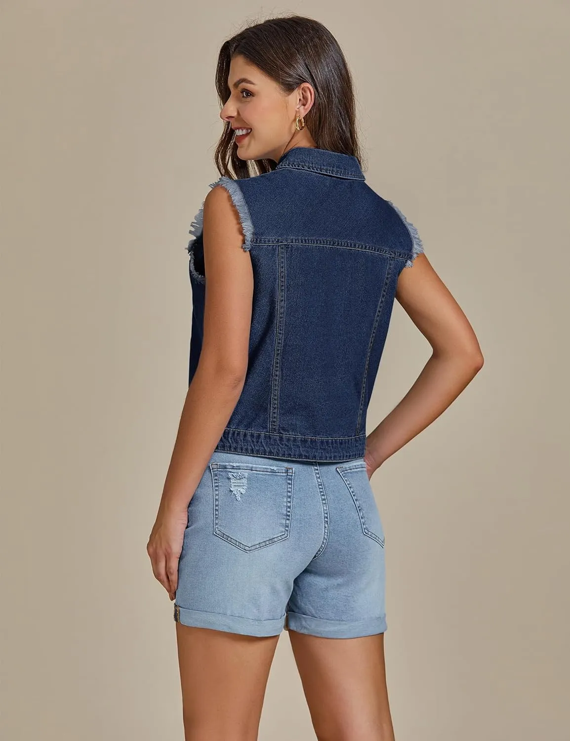 luvamia Denim Vest for Women Button Down Distressed Frayed Vests Top Western Casual Sleeveless Jean Jacket with Pockets