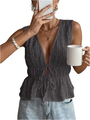 MakeMeChic Women's Tie Front V Neck Tank Top Bow Sleeveless Ruffle Hem Crop Tops