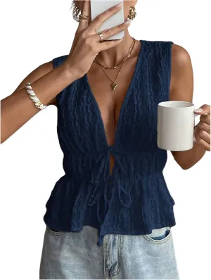 MakeMeChic Women's Tie Front V Neck Tank Top Bow Sleeveless Ruffle Hem Crop Tops