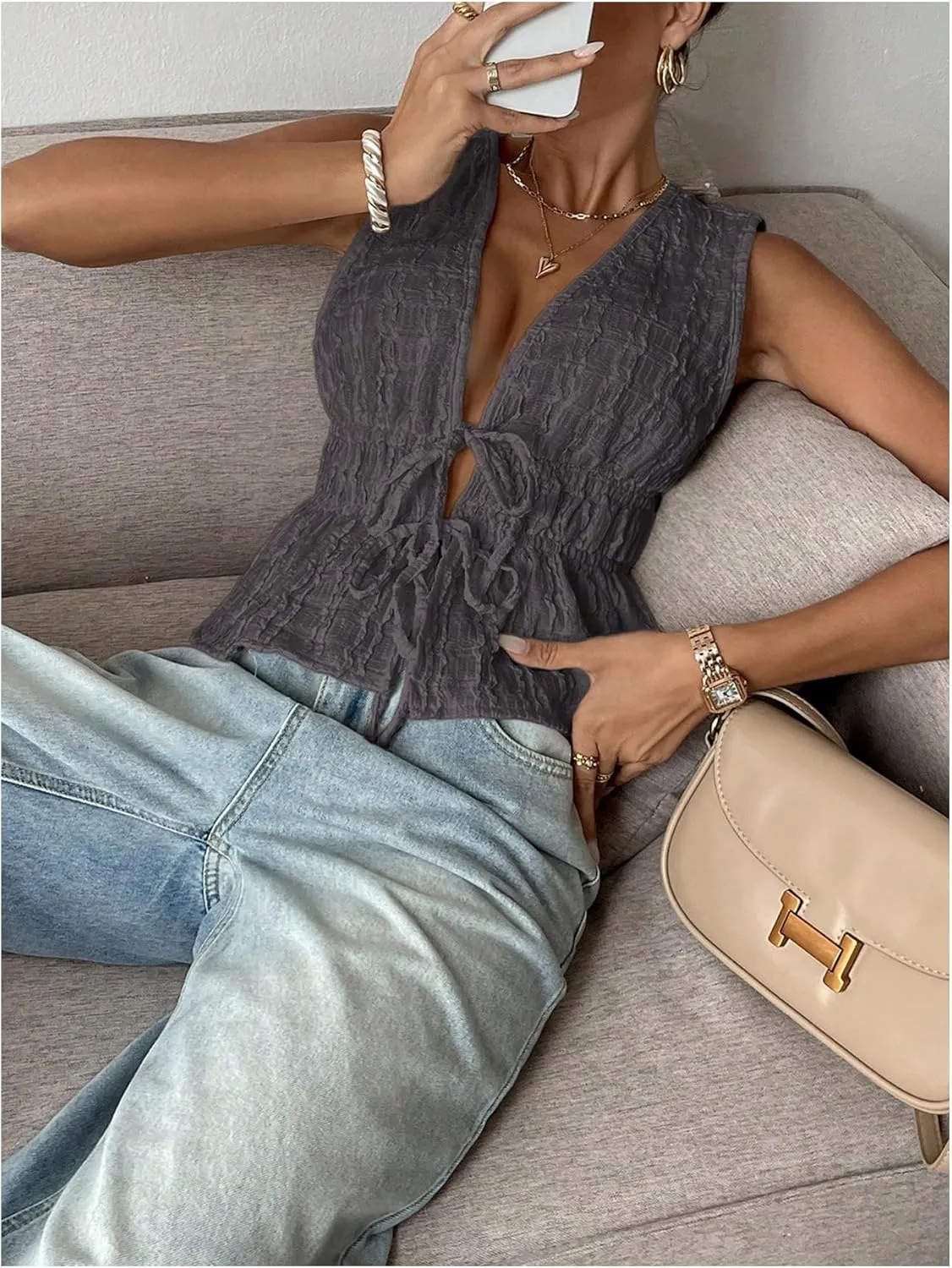 MakeMeChic Women's Tie Front V Neck Tank Top Bow Sleeveless Ruffle Hem Crop Tops