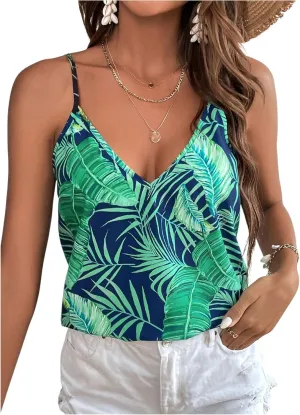 MakeMeChic Women's Tropical Print V Neck Camisole Sleeveless Summer Tank Tops