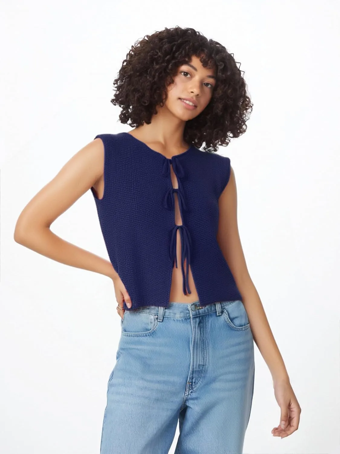 Mansy Women Tie Front Vest Top Y2k Knit V Neck Sleeveless Crop Sweater Tank Vintage Casual Streetwear