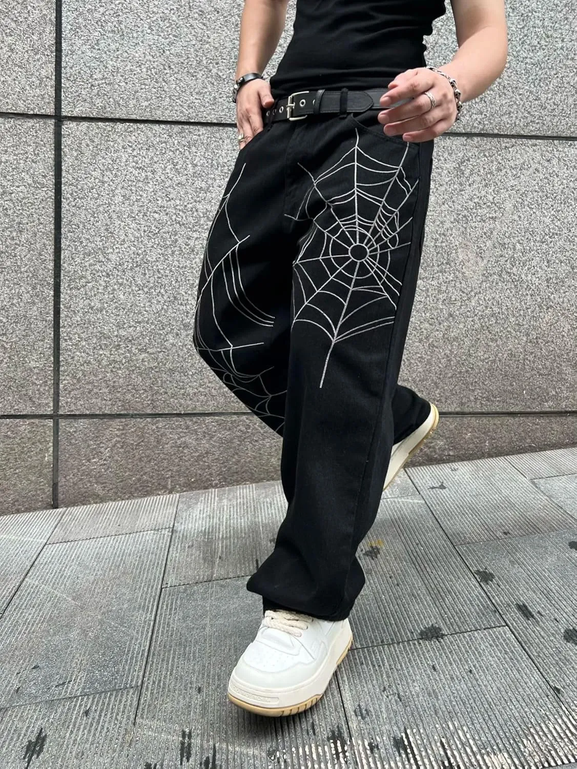 Mens Baggy Jeans Goth Steampunk Y2k Wide Leg Denim Pants with Cargo Pockets Skater Streetwear Punk Cargo Pants Trousers