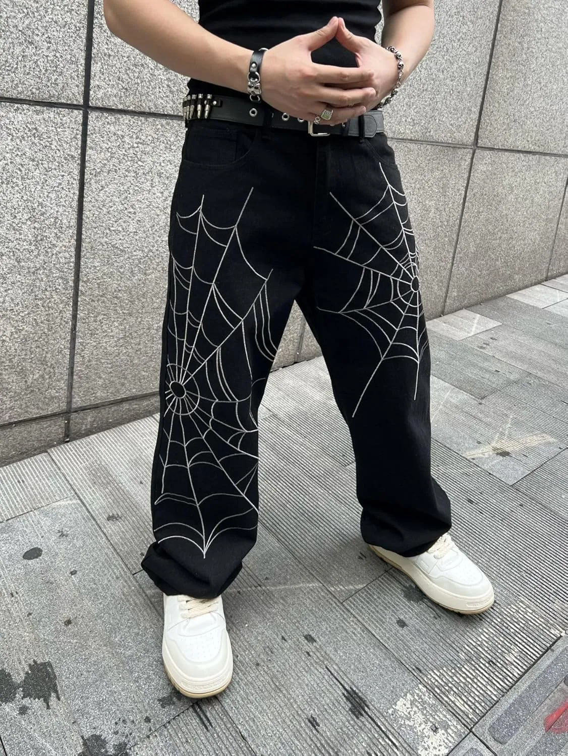 Mens Baggy Jeans Goth Steampunk Y2k Wide Leg Denim Pants with Cargo Pockets Skater Streetwear Punk Cargo Pants Trousers