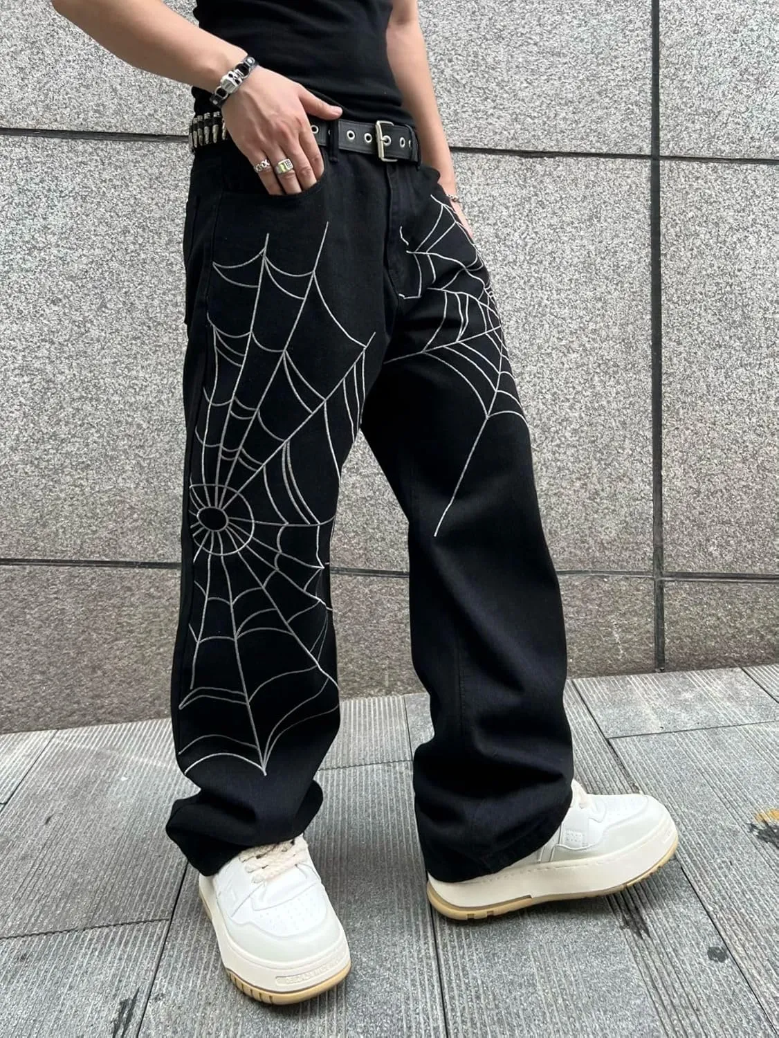 Mens Baggy Jeans Goth Steampunk Y2k Wide Leg Denim Pants with Cargo Pockets Skater Streetwear Punk Cargo Pants Trousers