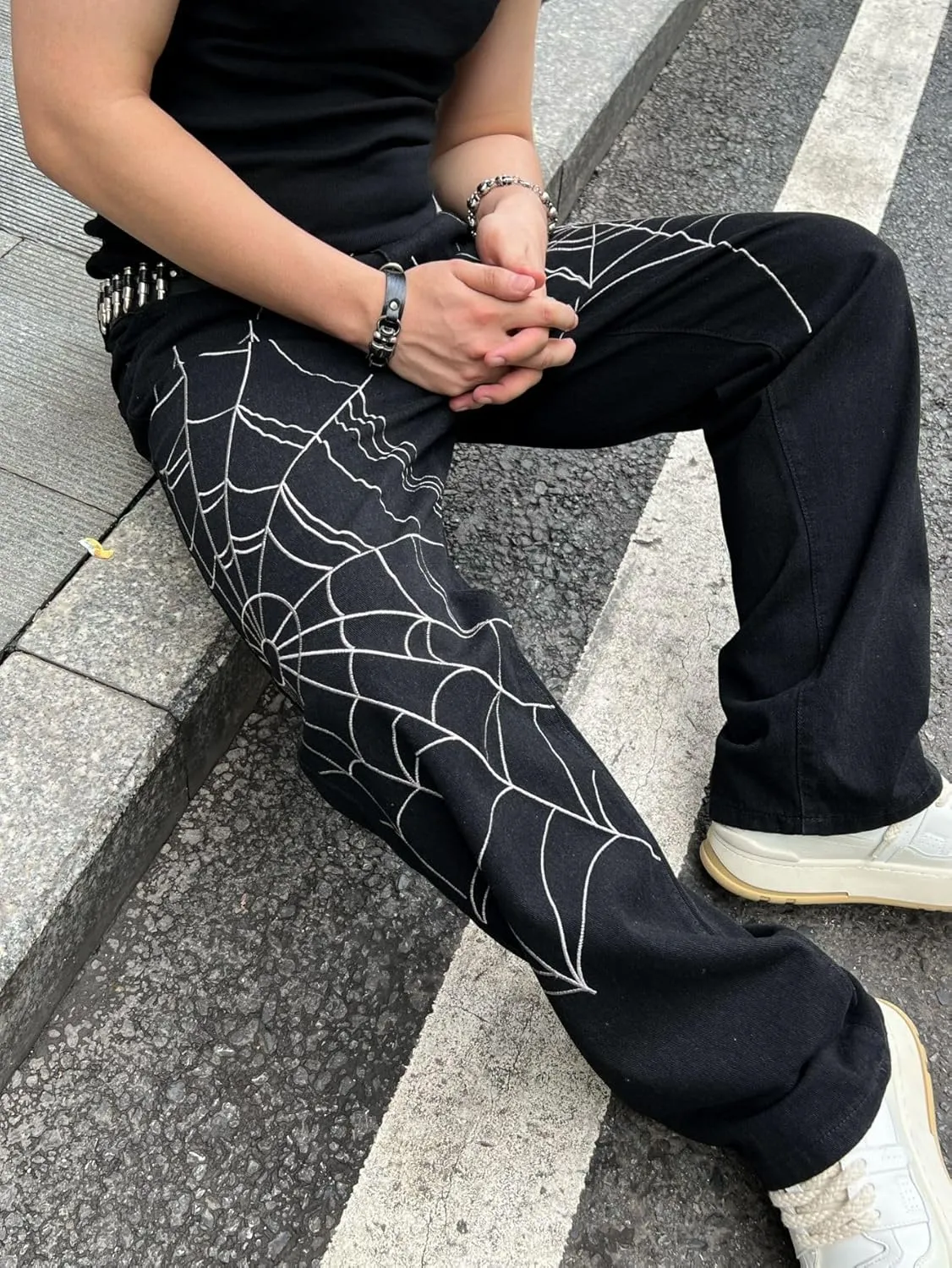 Mens Baggy Jeans Goth Steampunk Y2k Wide Leg Denim Pants with Cargo Pockets Skater Streetwear Punk Cargo Pants Trousers