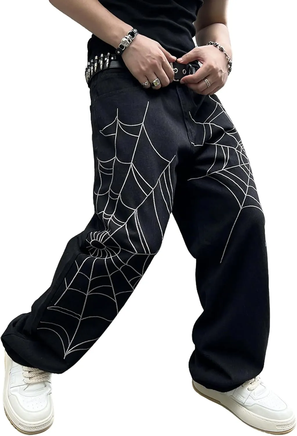 Mens Baggy Jeans Goth Steampunk Y2k Wide Leg Denim Pants with Cargo Pockets Skater Streetwear Punk Cargo Pants Trousers