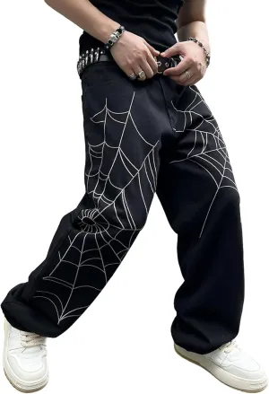 Mens Baggy Jeans Goth Steampunk Y2k Wide Leg Denim Pants with Cargo Pockets Skater Streetwear Punk Cargo Pants Trousers