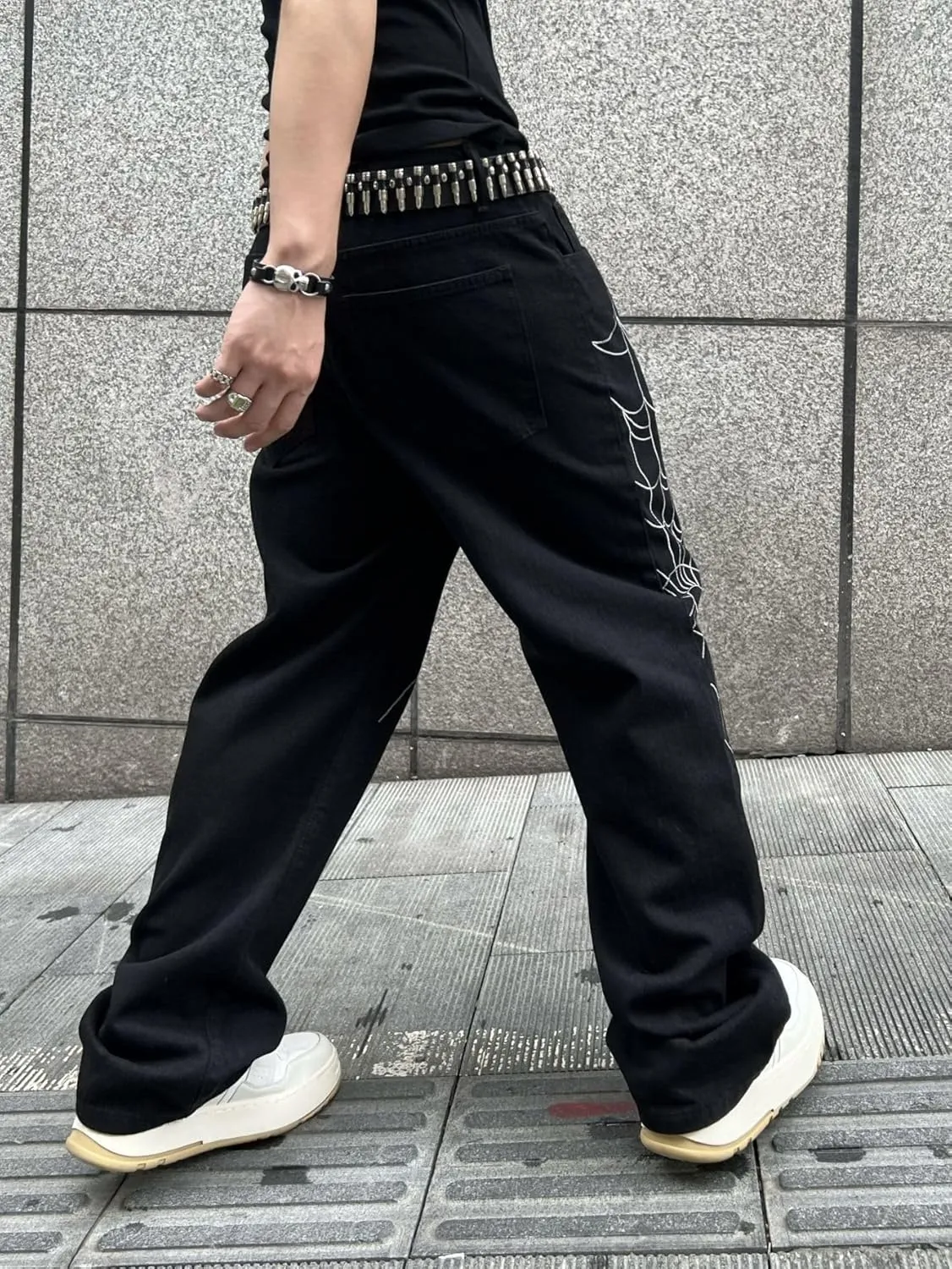 Mens Baggy Jeans Goth Steampunk Y2k Wide Leg Denim Pants with Cargo Pockets Skater Streetwear Punk Cargo Pants Trousers