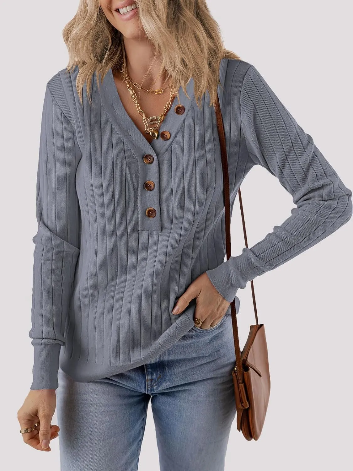 MEROKEETY Women's 2024 Long Sleeve V Neck Ribbed Button Knit Sweater Solid Color Tops