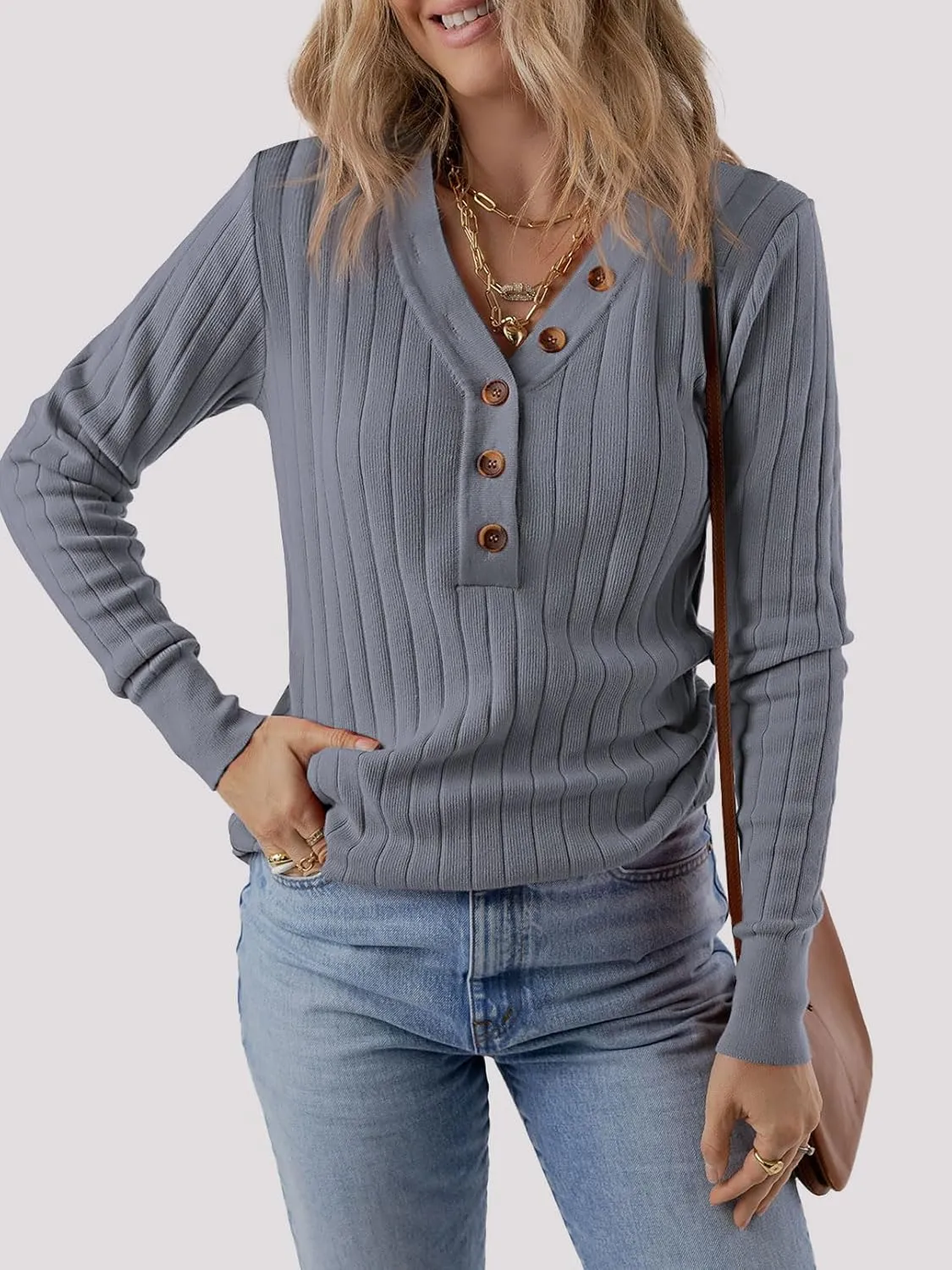 MEROKEETY Women's 2024 Long Sleeve V Neck Ribbed Button Knit Sweater Solid Color Tops