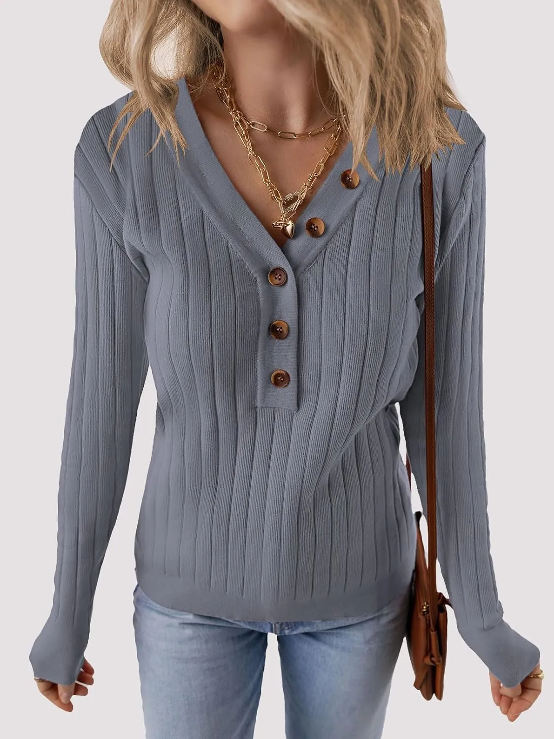MEROKEETY Women's 2024 Long Sleeve V Neck Ribbed Button Knit Sweater Solid Color Tops