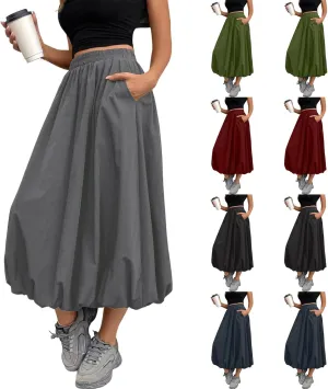 Midi Skirts for Women Trendy Bubble Skirt Casual Elastic High Waisted Flowy Pleated Skirt Puffy A Line Skirt