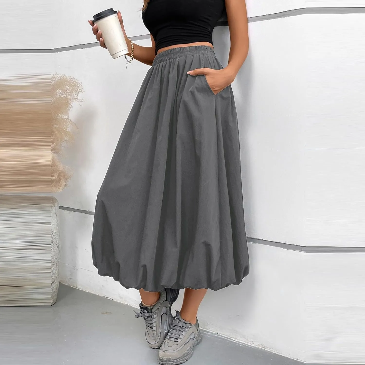Midi Skirts for Women Trendy Bubble Skirt Casual Elastic High Waisted Flowy Pleated Skirt Puffy A Line Skirt