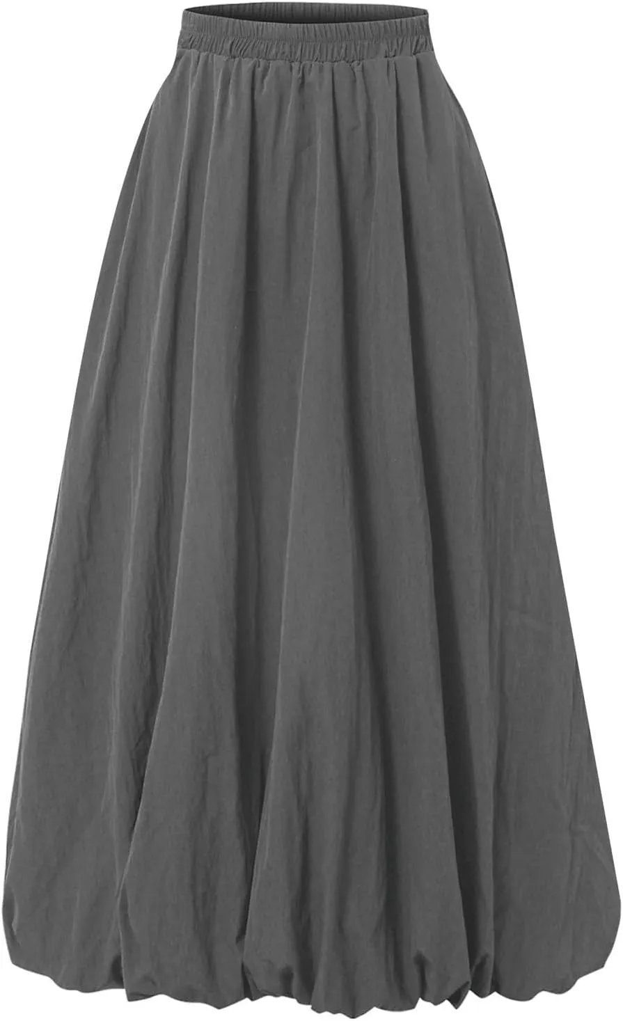 Midi Skirts for Women Trendy Bubble Skirt Casual Elastic High Waisted Flowy Pleated Skirt Puffy A Line Skirt