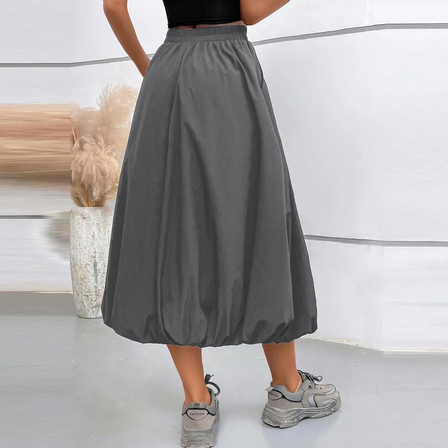 Midi Skirts for Women Trendy Bubble Skirt Casual Elastic High Waisted Flowy Pleated Skirt Puffy A Line Skirt