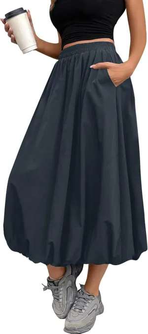 Midi Skirts for Women Trendy Bubble Skirt Casual Elastic High Waisted Flowy Pleated Skirt Puffy A Line Skirt