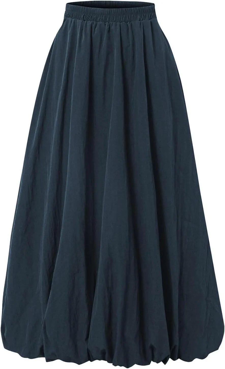 Midi Skirts for Women Trendy Bubble Skirt Casual Elastic High Waisted Flowy Pleated Skirt Puffy A Line Skirt