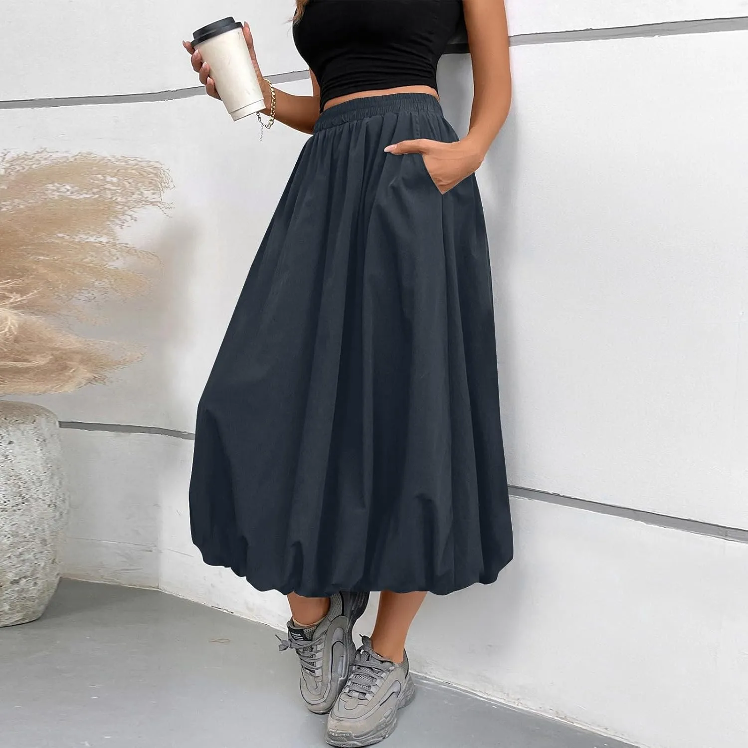Midi Skirts for Women Trendy Bubble Skirt Casual Elastic High Waisted Flowy Pleated Skirt Puffy A Line Skirt
