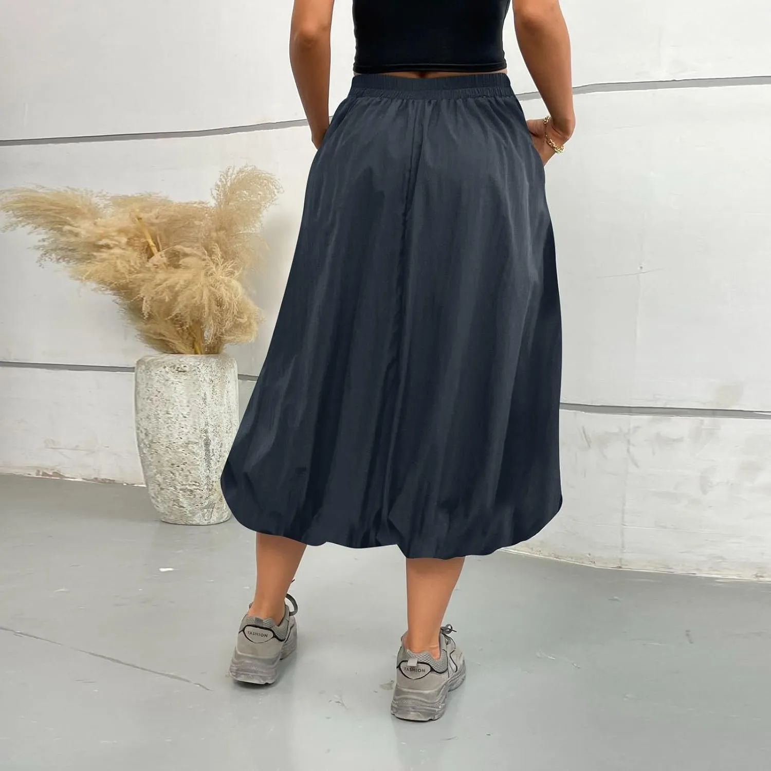 Midi Skirts for Women Trendy Bubble Skirt Casual Elastic High Waisted Flowy Pleated Skirt Puffy A Line Skirt