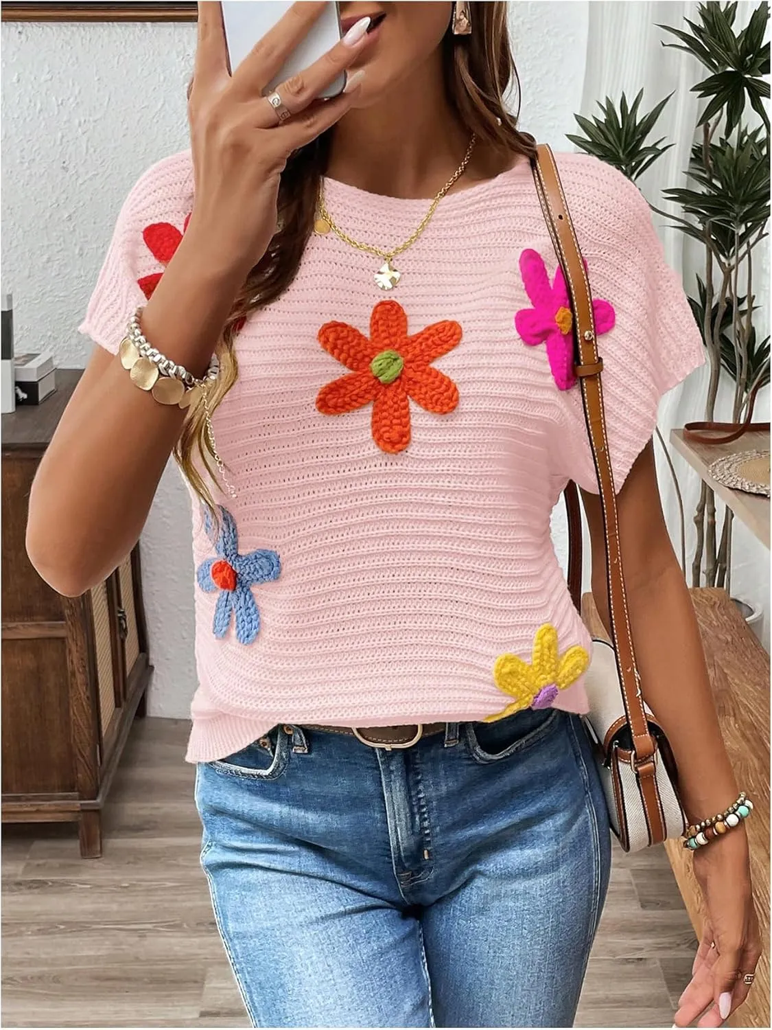 Milumia Women's Color Block Flower Short Sleeve Sweater Plullover Knit Tops