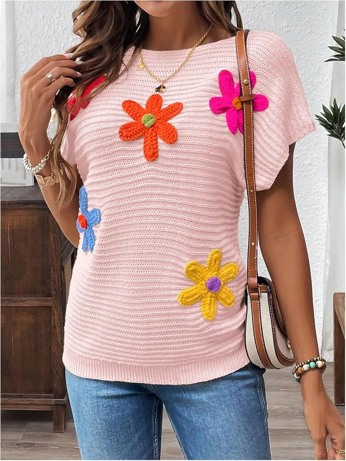 Milumia Women's Color Block Flower Short Sleeve Sweater Plullover Knit Tops