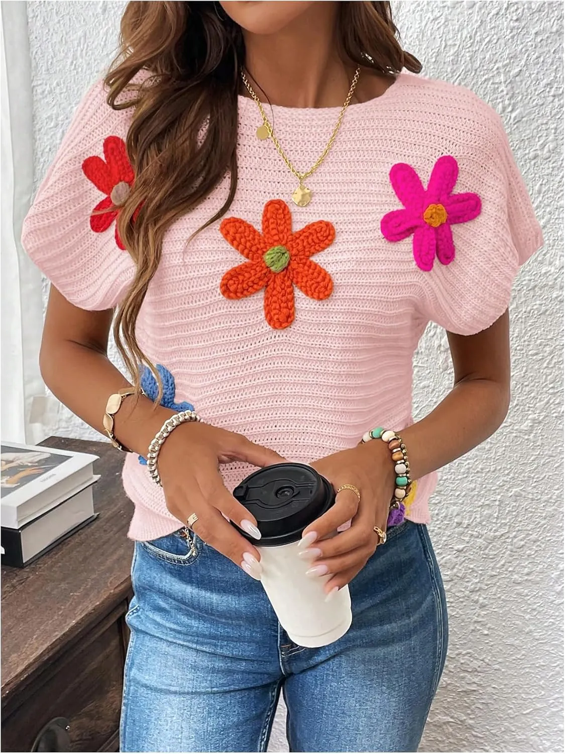 Milumia Women's Color Block Flower Short Sleeve Sweater Plullover Knit Tops