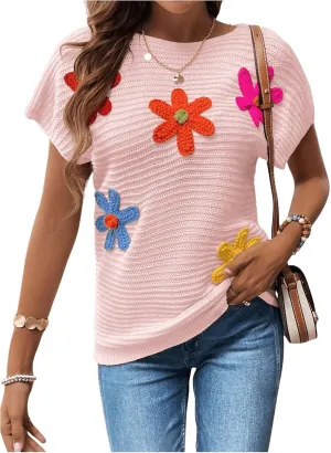 Milumia Women's Color Block Flower Short Sleeve Sweater Plullover Knit Tops
