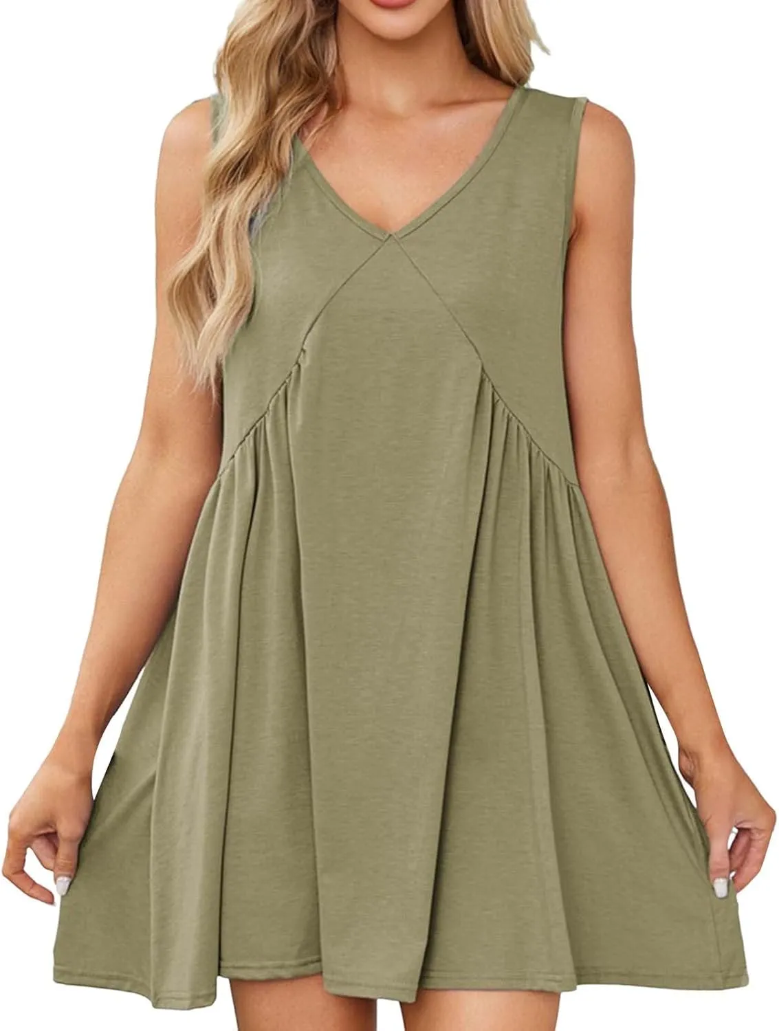 Mini Dresses for Women 2024 Pleated Swing Flowy Solid Color Sleveless Sundress Pockets V Neck Casual Beach Tank Dress