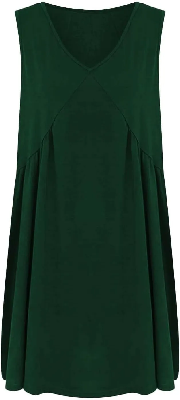 Mini Dresses for Women 2024 Pleated Swing Flowy Solid Color Sleveless Sundress Pockets V Neck Casual Beach Tank Dress
